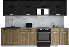 Готовая кухня Интерлиния Мила Gloss 60-30 (черный глянец/дуб вотан/травертин серый)