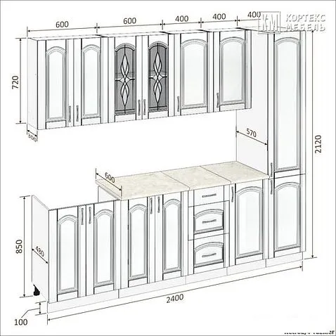 Готовая кухня Кортекс-мебель Корнелия Ретро 2.4м без столешницы (ясень белый)