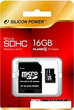 Карта памяти Silicon-Power microSDHC (Class 10) 16 Гб + адаптер (SP016GBSTH010V10-SP) Карта памяти Silicon-Power microSDHC (Class 10) 16 Гб + адаптер (SP016GBSTH010V10-SP)