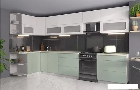 Угловая кухня Интерлиния Мила Матте 1.5x3.6 Б левая (белый/мята/опал светлый)