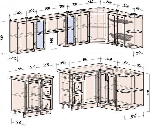 Готовая кухня Интерлиния Тренд 1.5x2.7 правая (океан/океан/дуб бунратти)