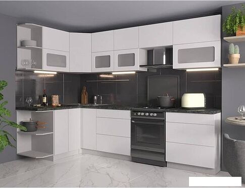 Готовая кухня Интерлиния Мила Матте 1.5x2.9 Б правая (белый-белый-кастилло темный)