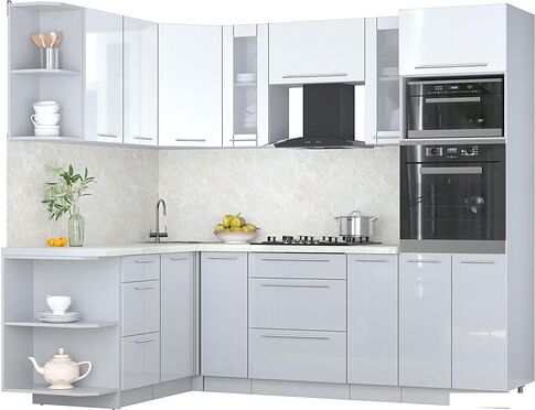 Готовая кухня Интерлиния Мила Пластик 1.68x2.4 LV (белый глянец/туманный глянец/опал светлый)