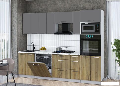 Готовая кухня Интерлиния Мила Gloss 2.7-ПМ1 (дуб вотан/серый/белый гранит)