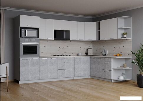 Готовая кухня Интерлиния Мила Лайт 1.88x3.0 правая (белый платинум/бетон/бискайская сосна)