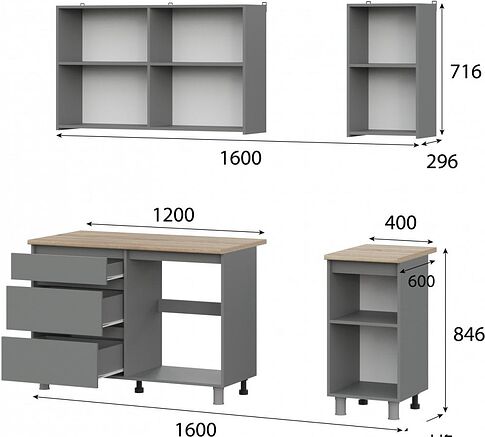 Готовая кухня Mio Tesoro Денвер 1.6м (графит серый/дуб сонома)