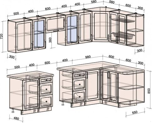 Готовая кухня Интерлиния Тренд 1.5x2.9 правая (луна/луна/бискайская сосна)