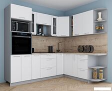 Готовая кухня Интерлиния Мила Gloss 1.88x2.4 правая (белый софт/белый софт/травертин серый)