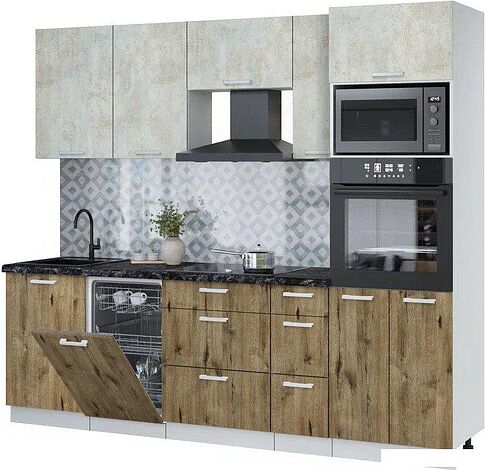 Готовая кухня Интерлиния Мила Лайт 2.45-ПМ3 (бетон лайт/дуб веллингтон/кастилло темный)