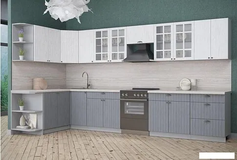 Готовая кухня Интерлиния Берес 1.5x2.6 правая (дуб полярный/дуб серый/травертин серый)