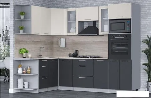 Готовая кухня Интерлиния Мила 1.68x2.6 левая (персидский жемчуг/антрацит/травертин серый)