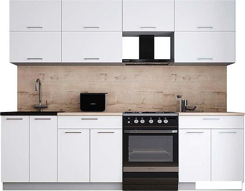 Готовая кухня Интерлиния Мила Gloss 60-26 (белый софт/белый софт/травертин серый)