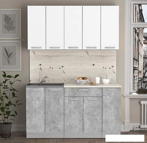 Готовая кухня Интерлиния Мила Лайт 1.5 (белый платинум/бетон/бискайская сосна)