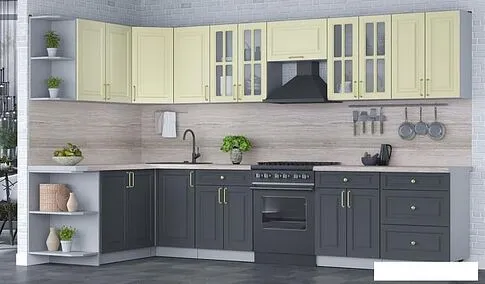 Готовая кухня Интерлиния Мила Шато 1.7x3.4 левая (слоновая кость/пепел/травертин серый)