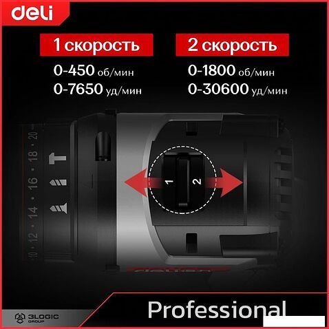 Ударная дрель-шуруповерт Deli DE-CZ20-2D2 (с 2-мя АКБ, сумка)