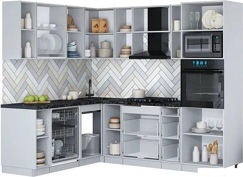 Готовая кухня Интерлиния Мила Gloss 1.896х2.38 (пепел/пепел/дуб бунратти)