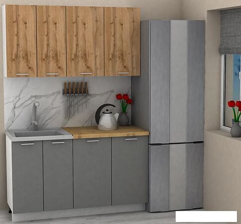 Готовая кухня ЭлиГард Lion 1.4 (дуб натуральный/дымчатый алмаз/дуб бунратти)