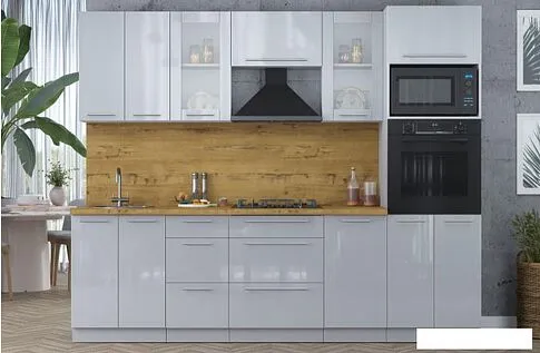 Готовая кухня Интерлиния Мила Пластик 2.6 (туманный глянец/туманный глянец/дуб бунратти)