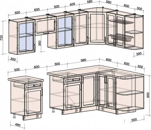 Готовая кухня Интерлиния Тренд 1.5x2.6 правая (пепел/пепел/опал светлый)
