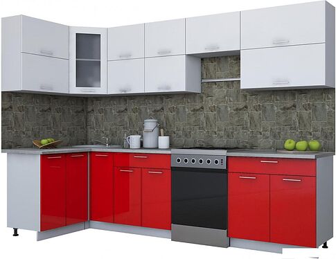 Угловая кухня Интерлиния Мила Gloss 60-12x30 (белый/красный глянец)