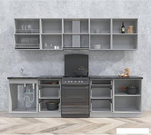 Кухня Интерлиния Мила Матте 2.8 Б (слоновая кость/пепел/травертин)