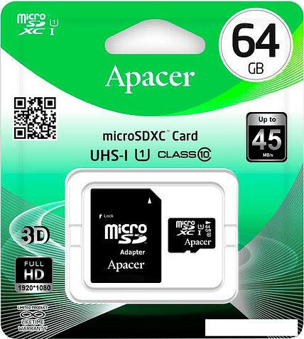 Карта памяти Apacer microSDXC (Class 10) 64GB + адаптер [AP64GMCSX10U1-R]