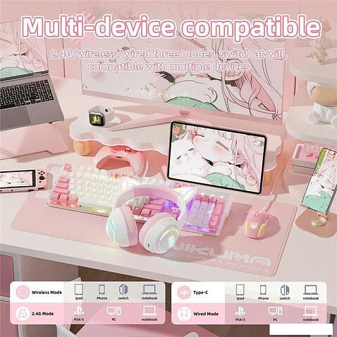 Наушники Onikuma GT838 Cat Ear (белый/розовый)