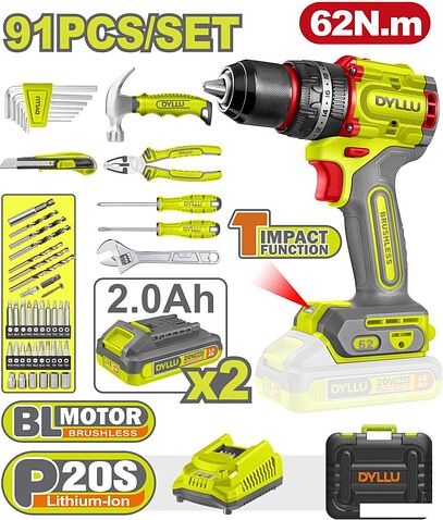 Ударная дрель-шуруповерт Dyllu DTDT4B91 (с 2-мя АКБ, кейс, набор инструментов)