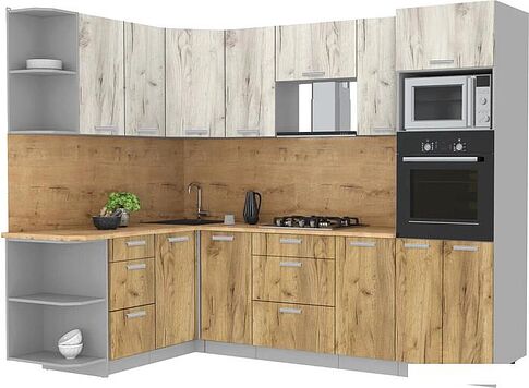 Готовая кухня Интерлиния Мила Лайт 1.68x2.6 левая (дуб белый/дуб золотой/дуб бунратти)