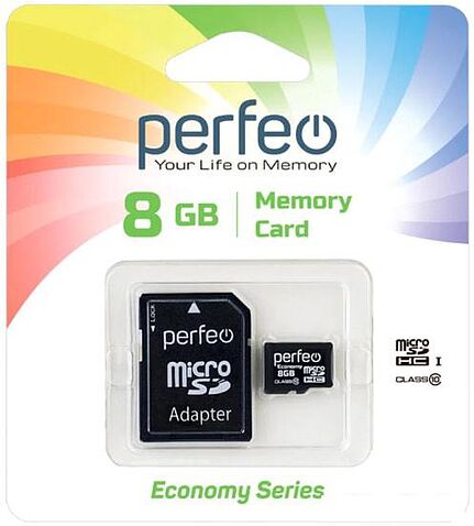 Карта памяти Perfeo microSDHC PF8GMCSH10AES 8GB (с адаптером) Карта памяти Perfeo microSDHC PF8GMCSH10AES 8GB (с адаптером)