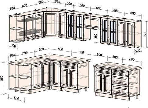 Готовая кухня Интерлиния Мила Шато 1.7x3.3 левая (белый/белый/кастилло темный)