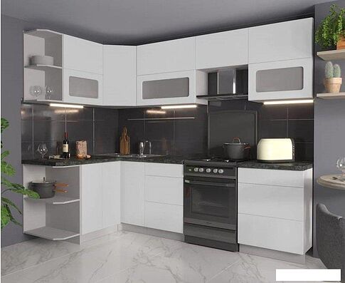 Готовая кухня Интерлиния Мила Матте 1.5x2.6 Б правая (белый-белый-кастилло темный)