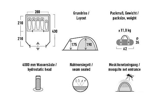 Кемпинговая палатка High Peak Santiago 5 (светло-серый/темно-серый/зеленый)