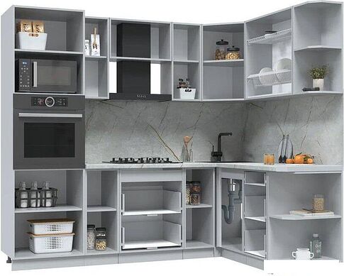 Готовая кухня Интерлиния Берес 1.68x2.4 ВТ правая (дуб полярный/дуб серый/травертин серый)