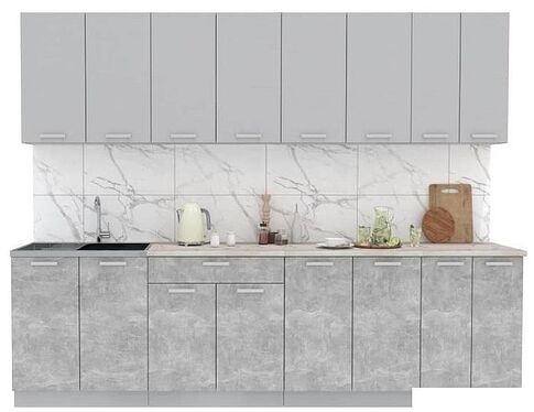 Готовая кухня Интерлиния Мила Лайт 3.0 (серебристый-бетон-бискайская сосна)