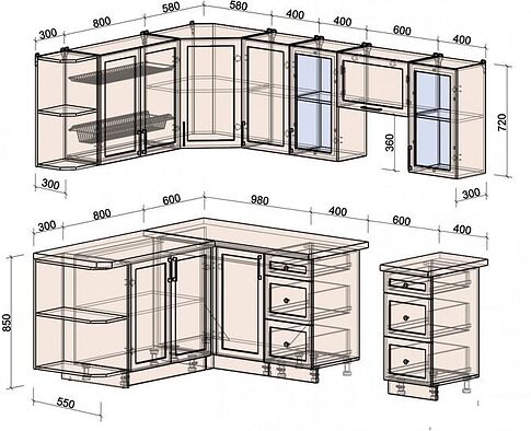 Готовая кухня Интерлиния Тренд 1.7x2.4 левая (океан/океан/дуб бунратти)