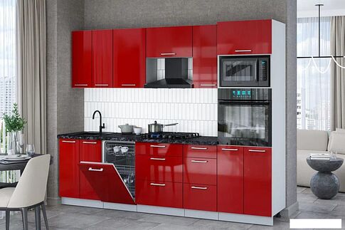 Готовая кухня Интерлиния Мила Gloss 2.65-ПМ3 (красный глянец/красный глянец/кастилло темный)