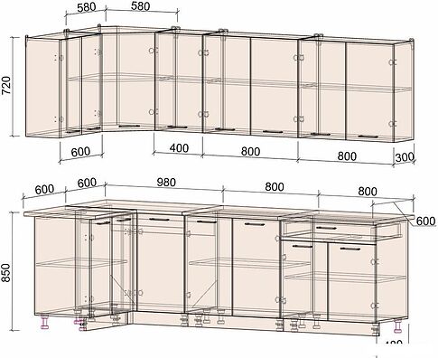 Готовая кухня Интерлиния Мила Лайт 1.2x2.6 (дуб белый-дуб золотой-дуб бунратти)