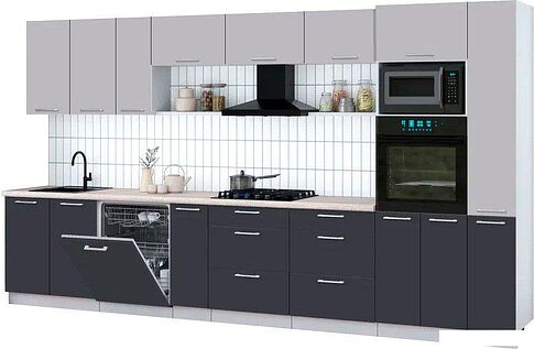 Готовая кухня Интерлиния Мила Gloss 3.8-ПМ1 (пепел/грей/травертин серый)