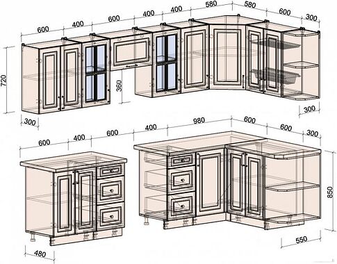 Готовая кухня Интерлиния Мила Шато 1.5x3.0 правая (белый/луна/серый каспий)