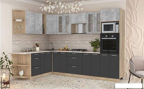 Готовая кухня Интерлиния Мила 1.88x3.0 правая (бетон-антрацит-травертин)