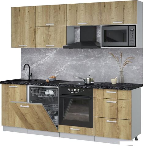 Готовая кухня Интерлиния Мила Лайт 2.3-ПМ2 (дуб золотой/дуб золотой/кастилло темный)