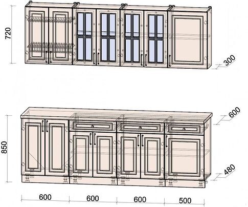 Готовая кухня Интерлиния Мила Шато 2.3А (белый/мята/бискайская сосна)