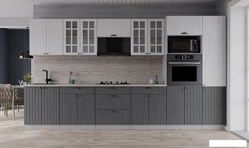 Готовая кухня Интерлиния Берес 3.4В (дуб серый/дуб полярный/травертин серый)