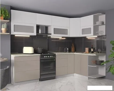 Готовая кухня Интерлиния Мила Матте 1.5x2.8 Б правая (белый-луна-опал светлый)