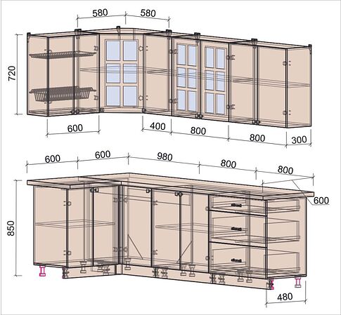 Готовая кухня Интерлиния Мила Деко 1.2x2.6 (керамика/мята/опал светлый)