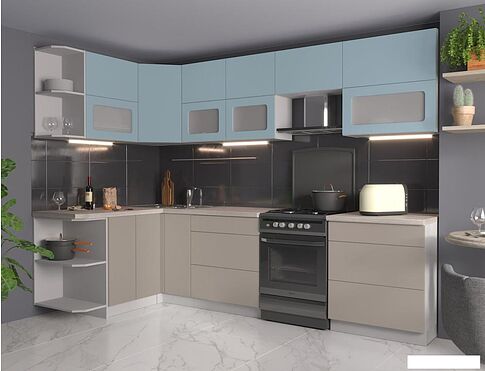 Готовая кухня Интерлиния Мила Матте 1.5x2.9 Б левая (океан/луна/травертин серый)