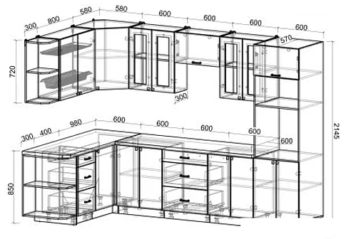 Готовая кухня Интерлиния Мила Деко 1.68x3.0 левая (белый-белый-кастилло темный)