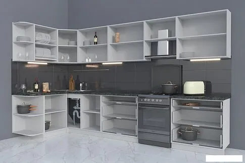 Угловая кухня Интерлиния Мила Матте 1.5x3.6 Б левая (белый/белый/кастилло темный)