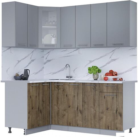 Готовая кухня Интерлиния Мила 12x19 (серебро/дуб веллингтон/белый гранит)